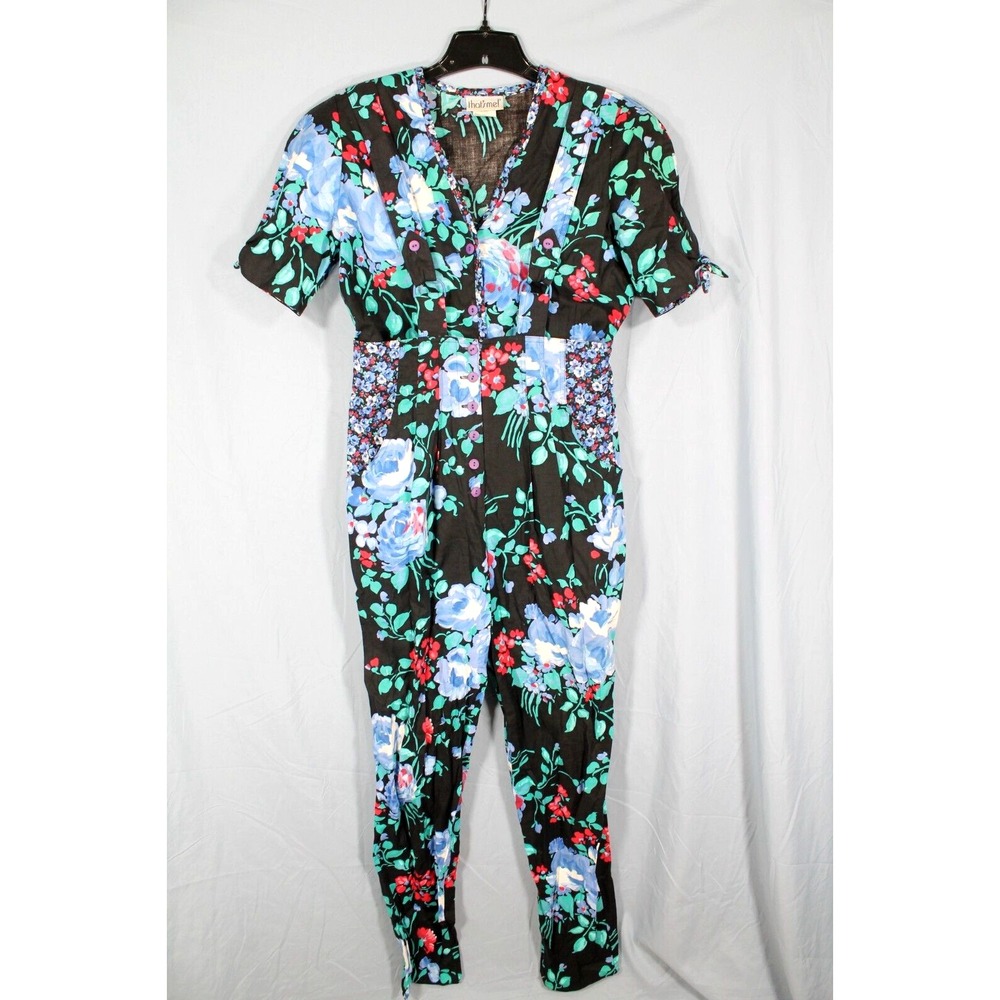 VTG 80's THAT'S ME! 2pc TWILL Button-Up FLORAL Shirt/Overalls Pants OUTFIT 9/10